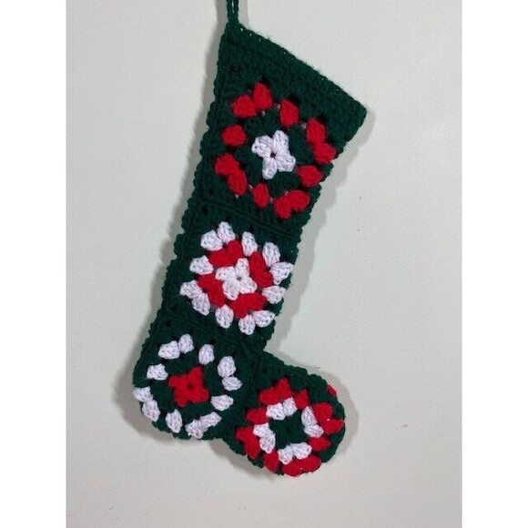 Vtg Crocheted Granny Square Christmas Stocking Green Red White 16" Handmade - Picture 1 of 8